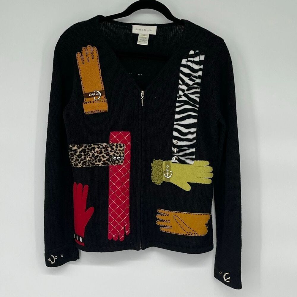 SUSAN BRISTOL Sweater Womens Small Black Knit Appliqued Gloves Full Zip Cardigan